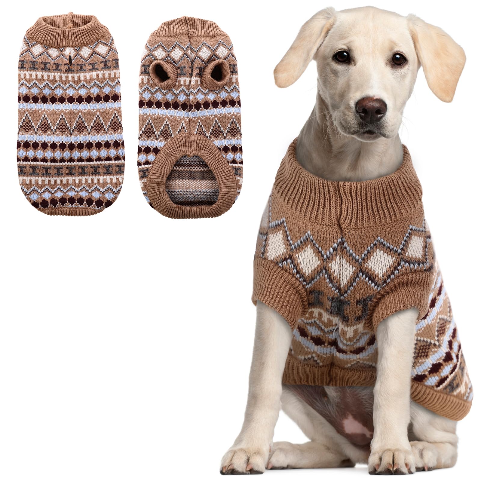 Hjumarayan Dog Jumper - Boho Dog Jumpers Small Medium Large, Knitted Christmas Sweater with Harness Hole, Thick Warm Winter Clothes for Pit Bull, Lean Lab, Coffee XXL