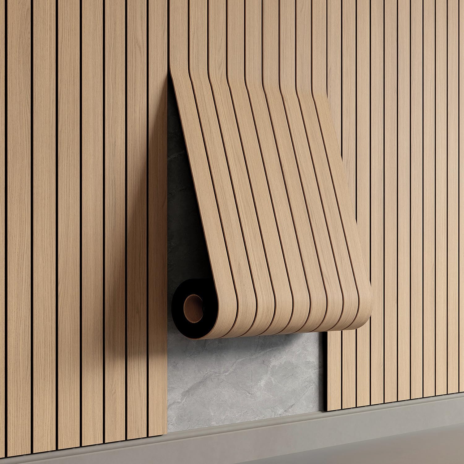 Photo 1 of YU LI 3DH Peel and Stick PVC Slat Wall Panel 118"x15.75" Self-Adhesive Thick Faux Oak Wood Grain Wallpaper Panel 3D Soundproof Wall Panels for Walls & Ceilings