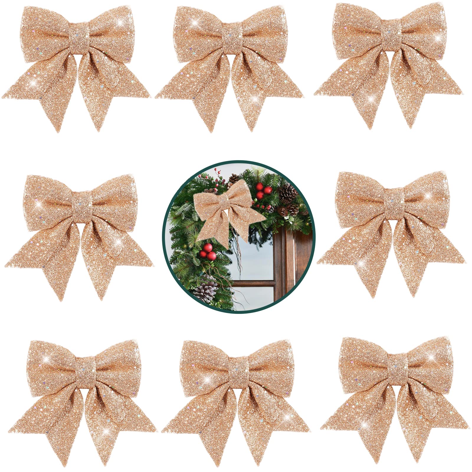 8Pcs Rose Gold Glitter Christmas Tree Bows,5.5in Wreaths Bows for Christmas Tree Decorations,Xmas Tree Bows with Sequin Ties,Foam Bows for Christmas Tree Ornaments,Wreath Making,Garland,Gift Wrapping
