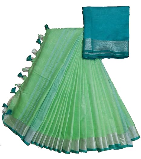 Women's Linen Slub Attractive Saree with Contrast Blouse (Green)