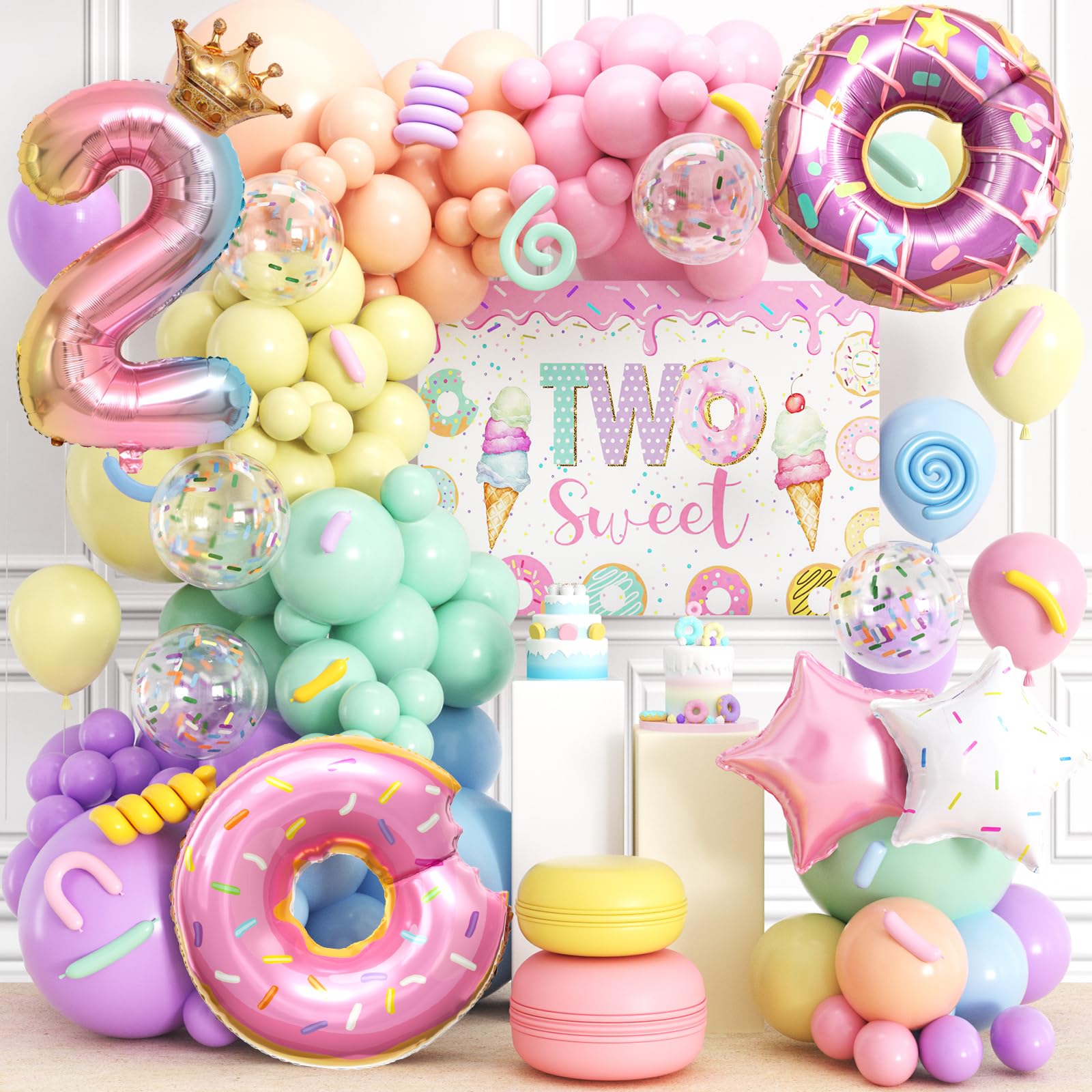 Photo 1 of Two Sweet Birthday Decorations Donut 2nd Birthday Decorations for Girl, 28" Donut Balloons Backdrop Pastel Rainbow Balloon Arch Kit, Kids Ice Cream Candy Rainbow Theme Party Decor Supplies