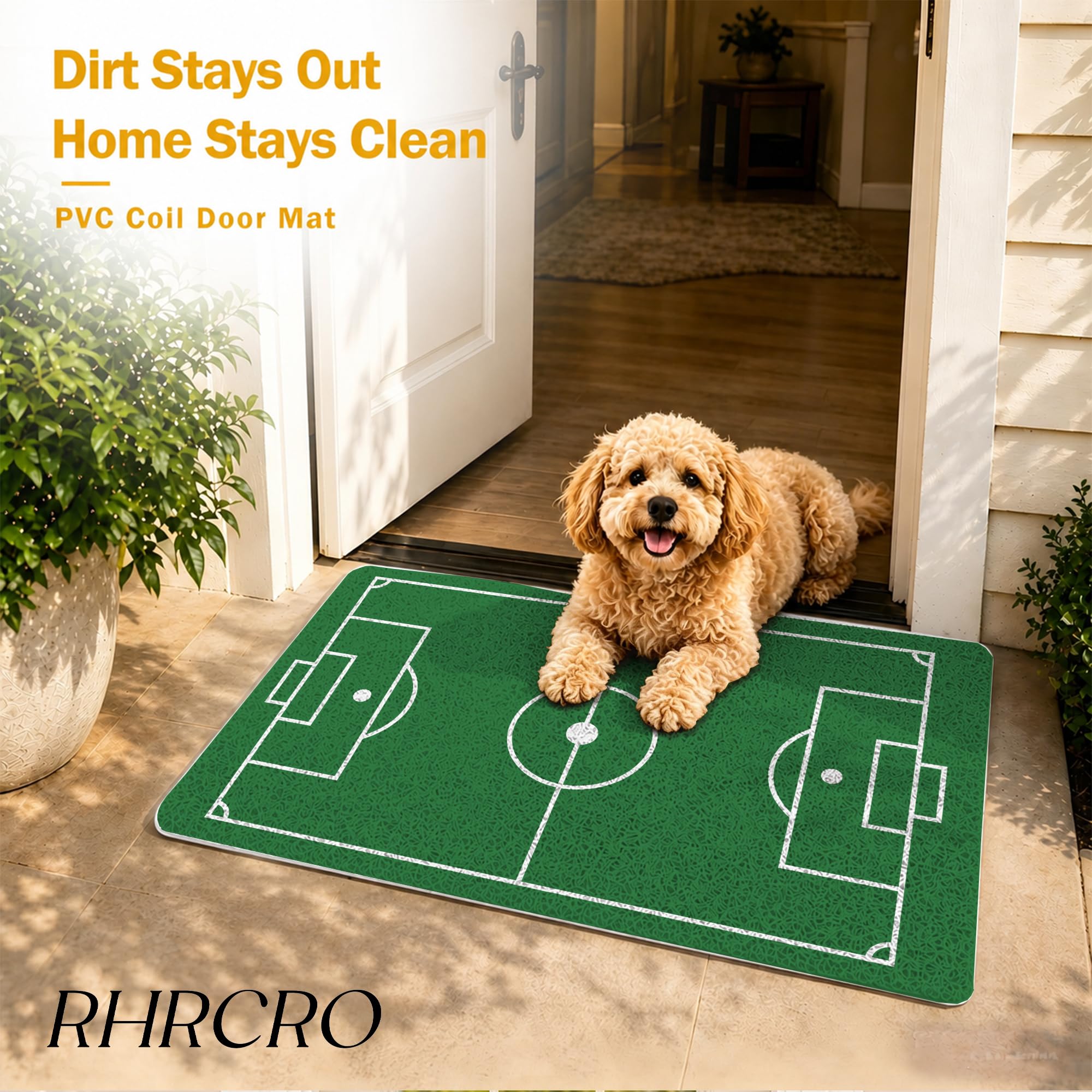 Condition photo showing New/Like New for soccer field door mat doormat, soccer lover player fan gifts welcome mat for front door indoor outdoor entrance porch rug, 17x30 inches