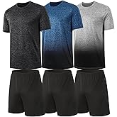 BUYJYA 3 Pack Men's Gym Shorts Shirt Set Workout Athletic Basketball Running Football Elastic Waist with Pocket Gifts