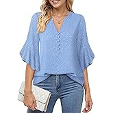 Lotusmile Womens 3/4 Sleeve Tops Dressy Business Casual Outfits V Neck Chiffon Work Blouses