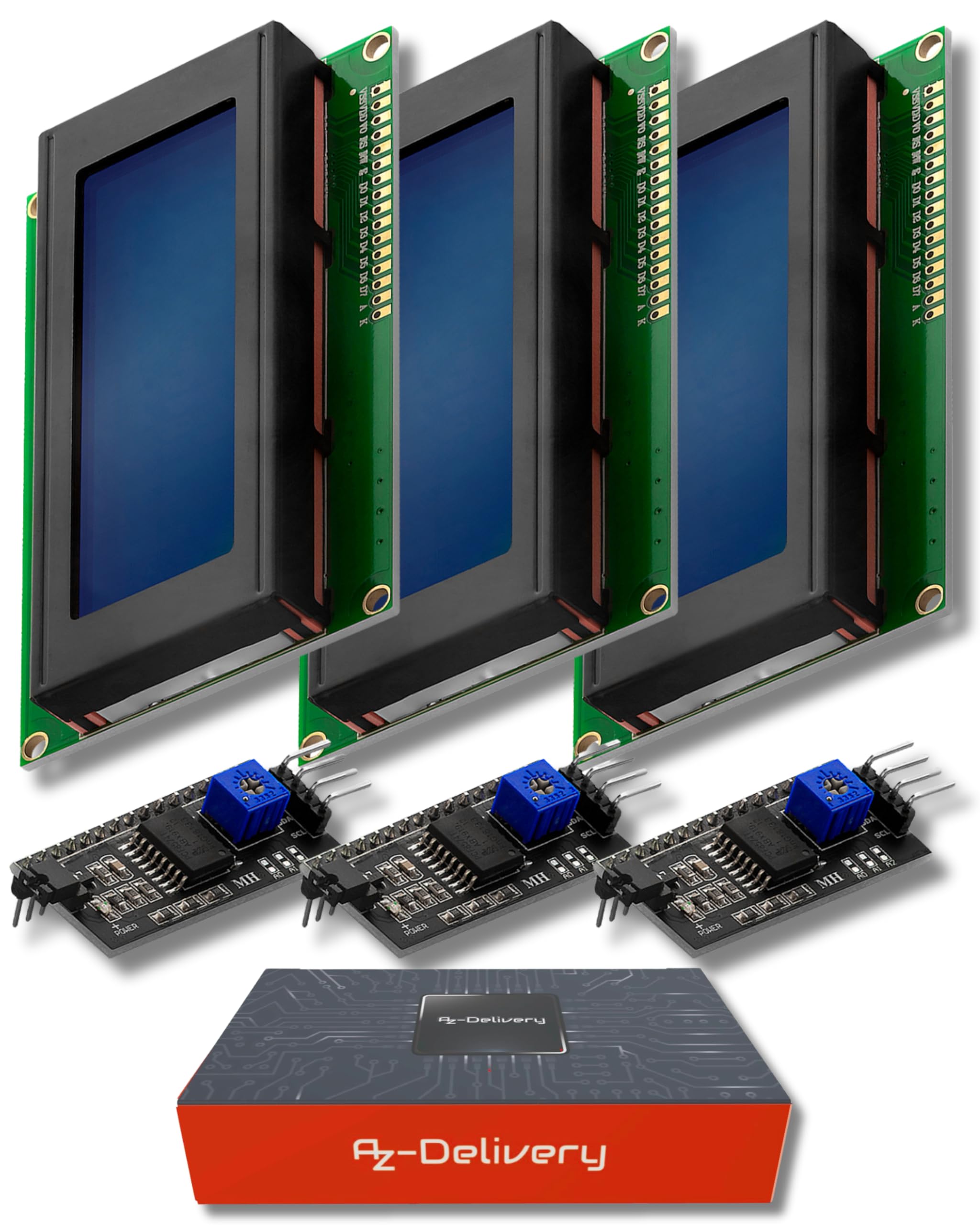 AZDelivery 3 x Compatible with HD44780 2004 4x20 Serial LCD White Character Blue Display Board IIC PCF8574T I2C Adapter Converter Bundle Compatible with Arduino and Raspberry Pi Including E-Book!