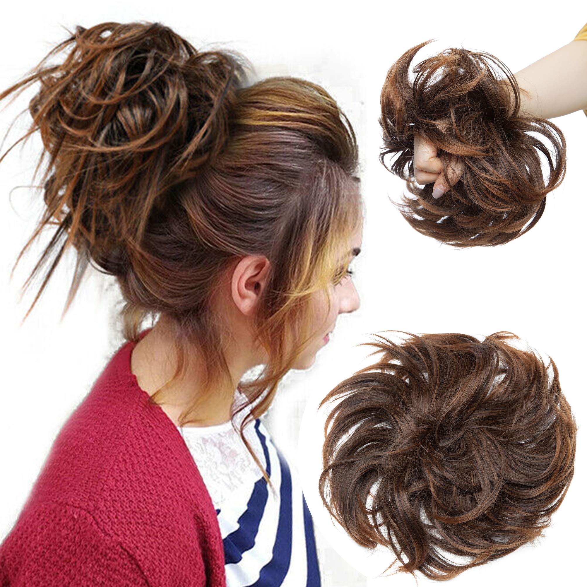 Large Messy Bun Scrunchie Hair Piece Elastic Updo Cover Hair Extension Instant Ponytail Curly 80g 1pc Tousled Synthetic Hairpiece Thick Hair Donut Aubrun mix Medium Brown