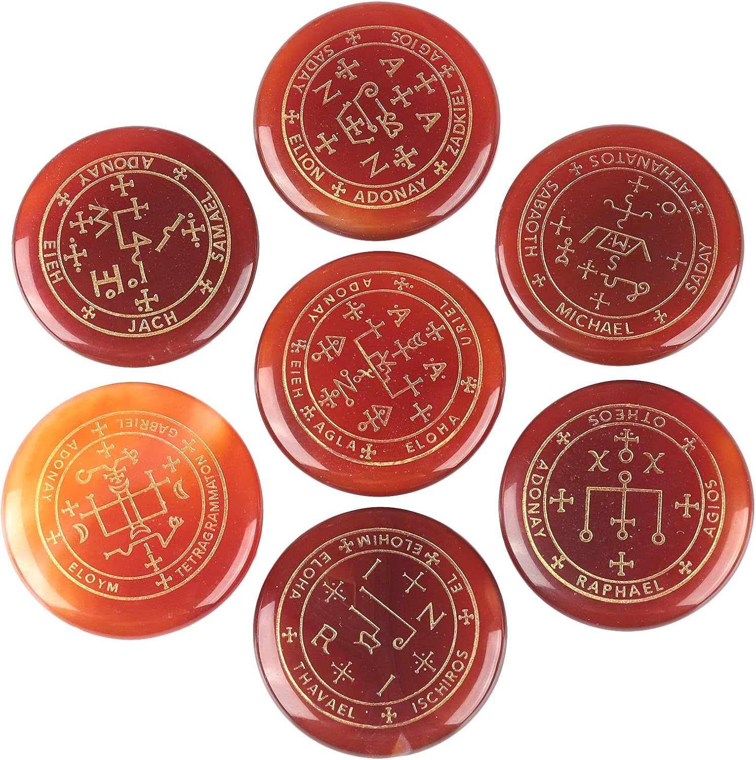 Indoor Fountains & Accessories - SUNYIK Round Engraved Archangels Gabriel Sigil Talisman Stone Set of 7, Pocket Worry Palm Stones for Healing Reiki Decoration Wicca Amulet, Carnelian