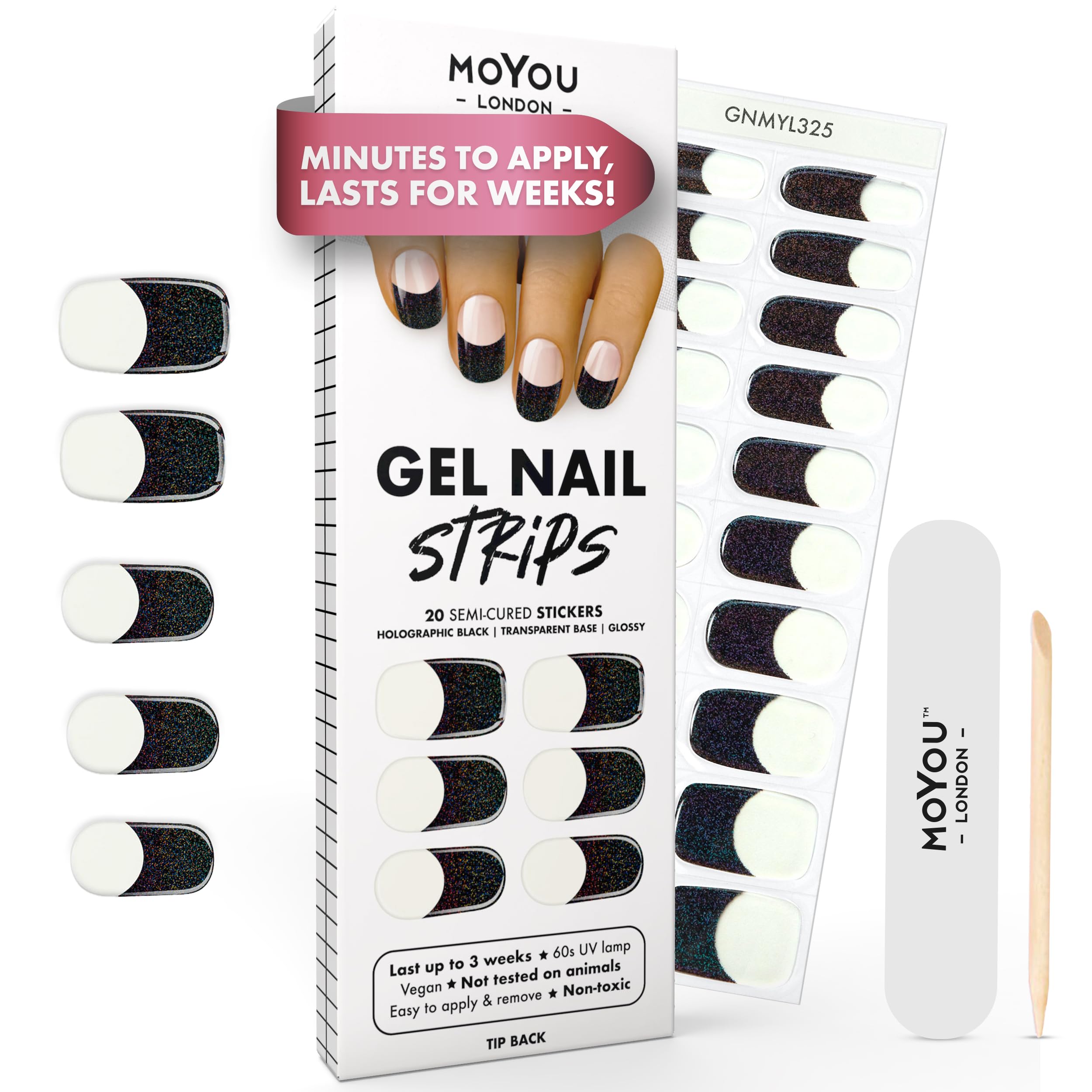 MOYOU LONDON Semi Cured Gel Nail Strips - 20 Pcs. Waterproof Gel Nail Wraps, Cures in Sunlight or UV/LED Lamp, Lasts Up to 2+ Weeks, Stretchable, Easy to Apply & Remove, Vegan & Cruelty-Free