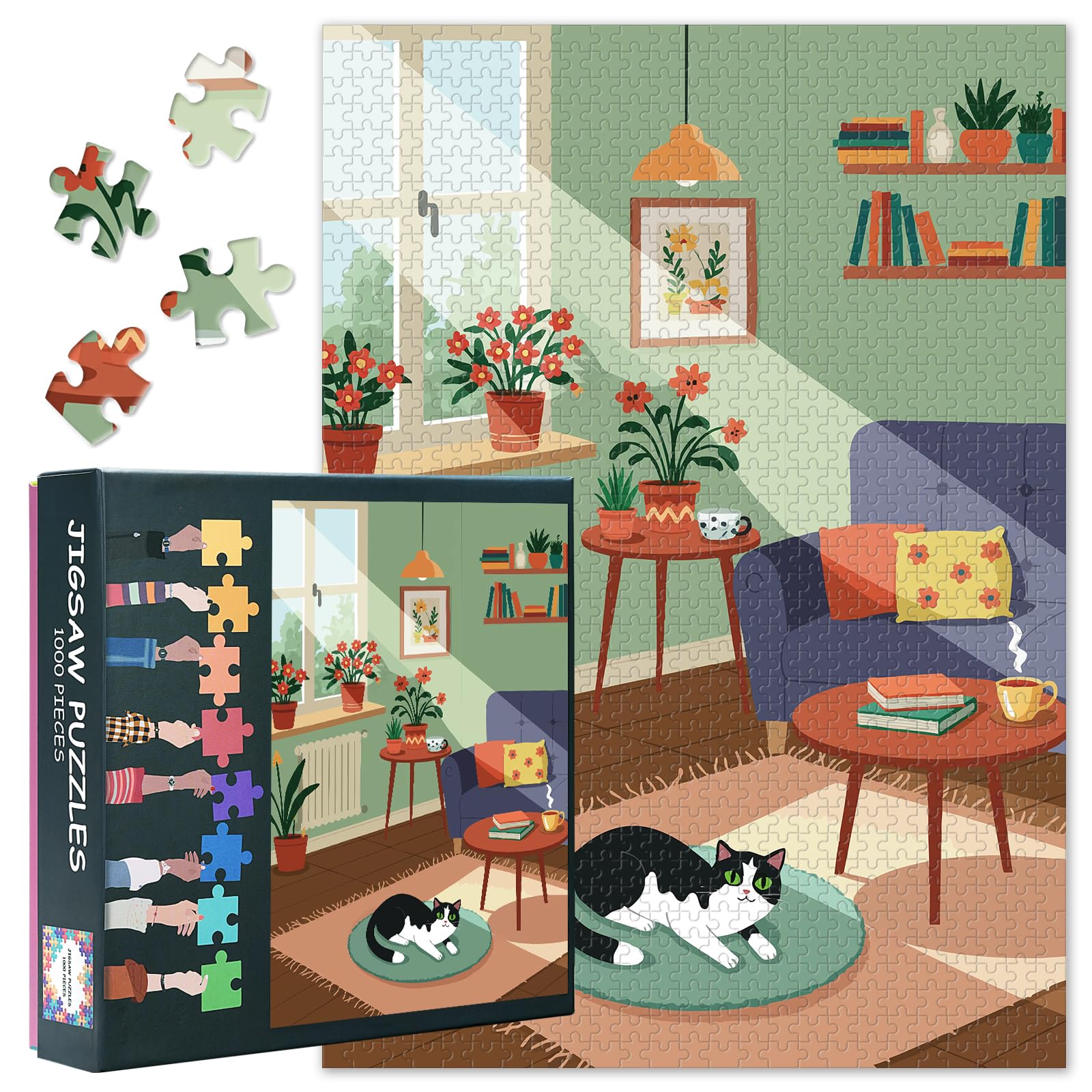 Black and White Cat Lying on a Rug Jigsaw Puzzles 1000 Pieces - Cozy Living Room Interior Puzzle Art for Home Decor Black and White Cat Puzzles for Family Friends Birthday Party Gifts 27.5"X19.7"