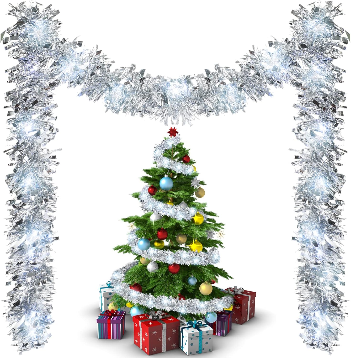 Wreaths, Garlands & Swags - 16.4 ft Christmas Prelit Tinsel Garland Metallic Garland with 50 LED Lights Hanging Christmas Garland with Light Xmas Foil Tinsel Garland for Christmas Tree Wedding Party Supplies (White, Silver)