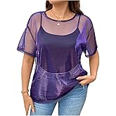WDIRARA Women's Plus Size Mesh Sheer Top Metallic See Through Short Sleeve T Shirts Party Rave Tops