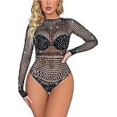 Ausing Women Rhinestone High Cut Sheer Mesh Bodysuit Top Long Sleeve One Size