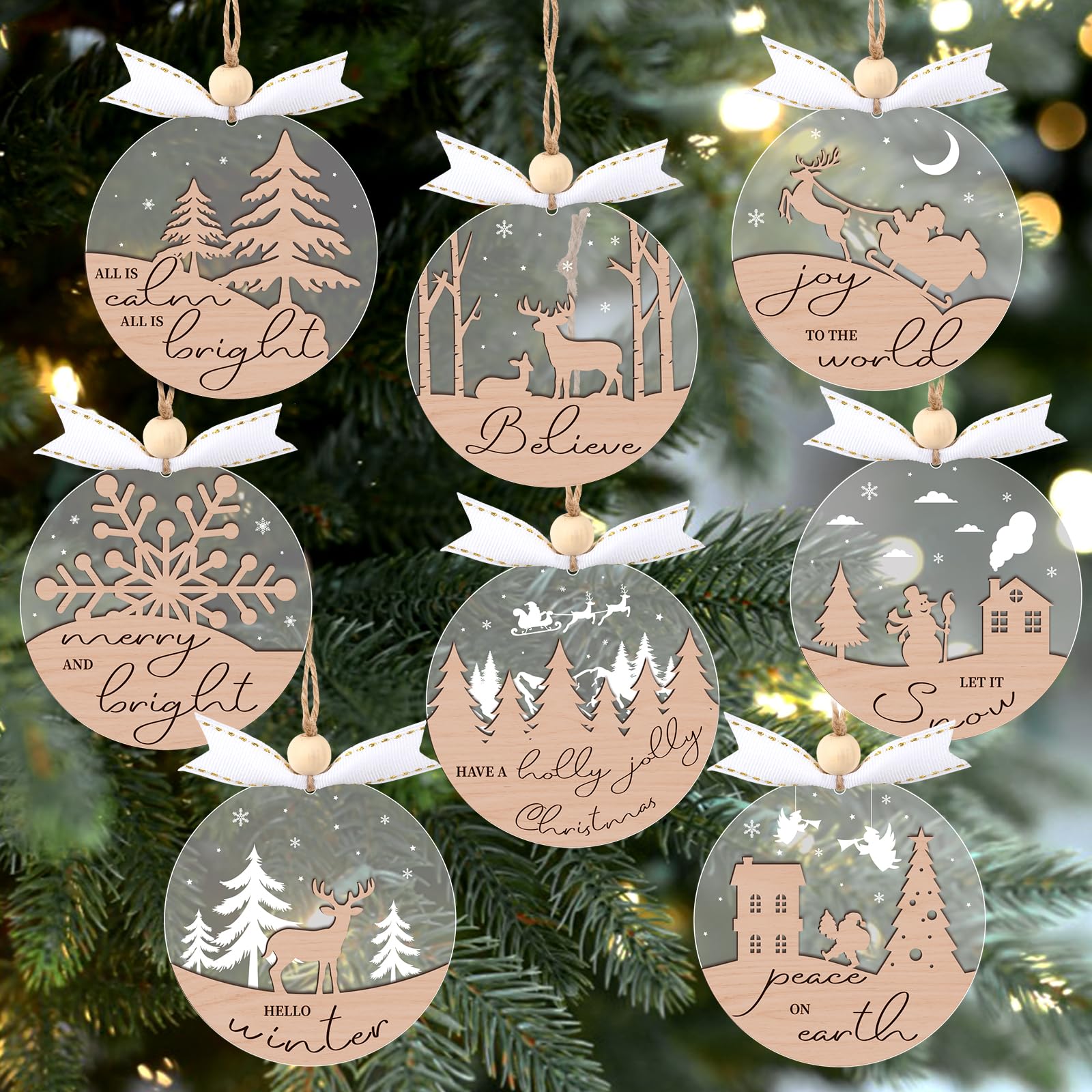 GuassLee 16pcs Winter Hanging Ornaments - 3D Wooden Acrylic Christmas Cutouts Reindeer Snowman Snowflake Ornaments for Tree Gifts Party Supplies