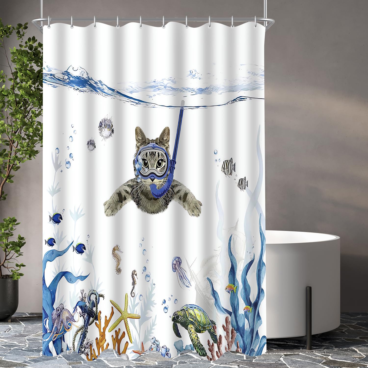 Lerores Shower Curtain 120 x 200 cm, Cat Swimming Anti-Mould Textile, Weighted Hem, Water-Repellent, Washable Polyester Fabric Bath Curtains 12 with Eyelets and Shower Curtain Rings for Bathroom