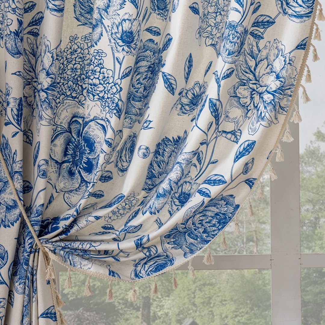 Photo 1 of F-CHU Blue Floral Farmhouse Curtains Living Room Drapes 84 Inch Length Cotton Linen Boho Window Curtain with Tassel Rod Pocket Bedroom Macrame Drapes Flower Curtains, 2 Panel Blue Curtain
