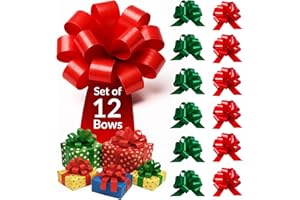 XMASOLUTIONS Eye-Catching Xmas Pull Bows for Easy Gift Wrapping with Ribbon - 5" Wide Wrap Bows for Christmas Tree Decoration, Holiday Décor, Present Wrapping, Baskets, Birthday, Easter - 6 Green and 6 Red Bows