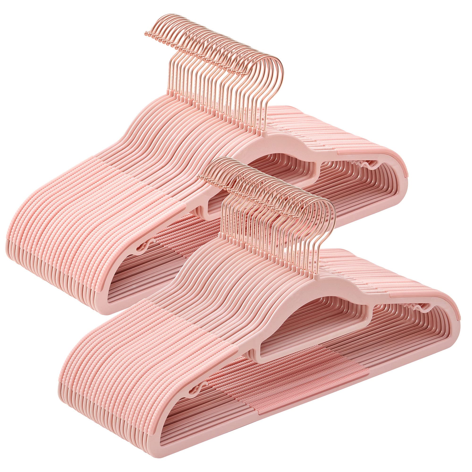 SONGMICS Pack of 50 Coat Hangers, Space-Saving Plastic Clothes Hangers, Non-Slip, 0.2 Inches Slim, 16.5 Inches Wide, 360° Swivel Rose Gold Hook, Light Pink UCRP20PK05 Image