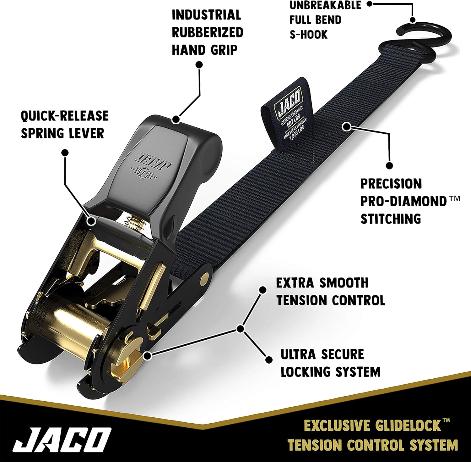 JACO Ratchet Tie Down Straps (4 Pack) - 1 in x 15 ft | AAR Certified Break Strength (1,823 lbs) | Cargo Tie Down Set with (4) Utility Ratchet Straps, (4) Bundling Straps, and Accessories (Black): Automotive