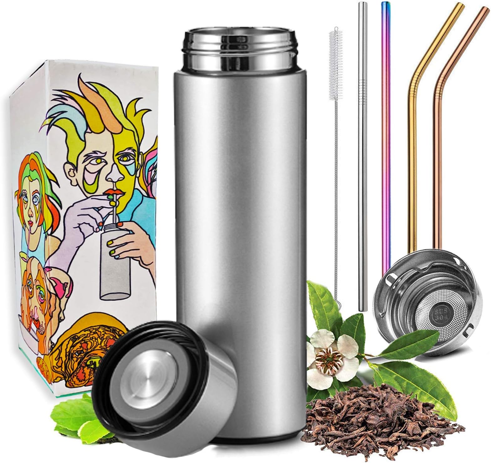 Travel Mug with Multi Colored Metal Straw Set - Tea Infuser Bottle - Insulated HOT Coffee Thermos - Cold Fruit Infused Water Flask - Food Grade Leak Proof Tumbler Double Wall Stainless Steel 16.9 oz