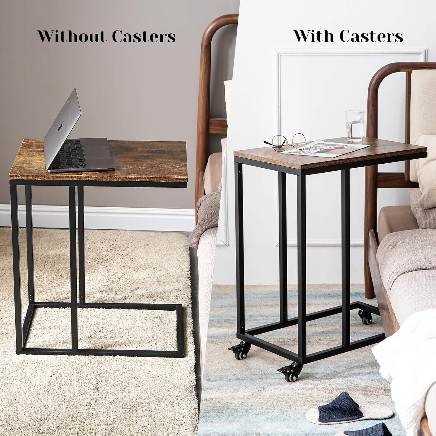 YMYNY Industrial End Table, Mobile Snack Table for Coffee Laptop Tablet, Slides Next to Sofa, C Shaped Bedside Table with Metal Frame for Living Room, Bedroom, Easy Assembly, Rustic Brown UTMJ009H: Kitchen & Dining