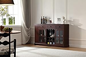 FOREST GRAVITY Wine Liquor Bar Cabinet with Locks,55.1'' Coffee bar Cabinet with 7 LED Lighting,Slide-Out Shelf and Open Shelf,3 Drawers and 2 Glass Doors,for Kitchen and Dining Room,Wine Red