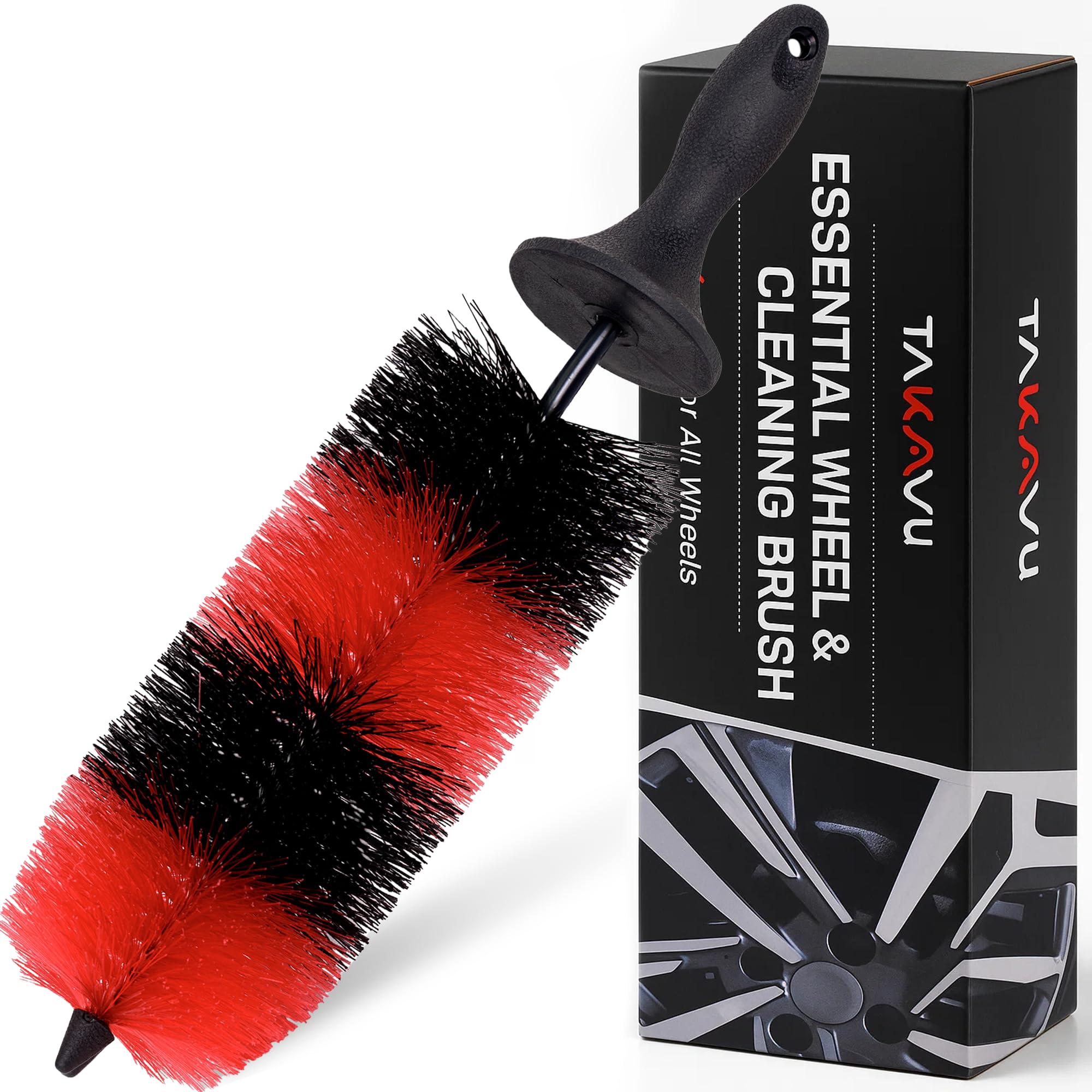 Photo 1 of (Upgraded) TAKAVU Premium Wheel & Tire Brush, Long Bristle Detailing Brush for Effortless Rim & Tire Cleaning, Non-Slip Handle, Built-in Knuckle Guard, Deep Reach for Brake Dust & Dirt Removal (Red)