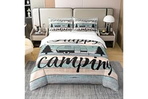 JEJELOIU Camper Queen Size Zipper Happy Camping Bedding for Kids Rustic Farmhouse Style Duvet Cover 100% Cotton, Camper Accessories for Travel Trailers, Camper Must Haves,Teal Blue Vintage Wooden Quilt Cover