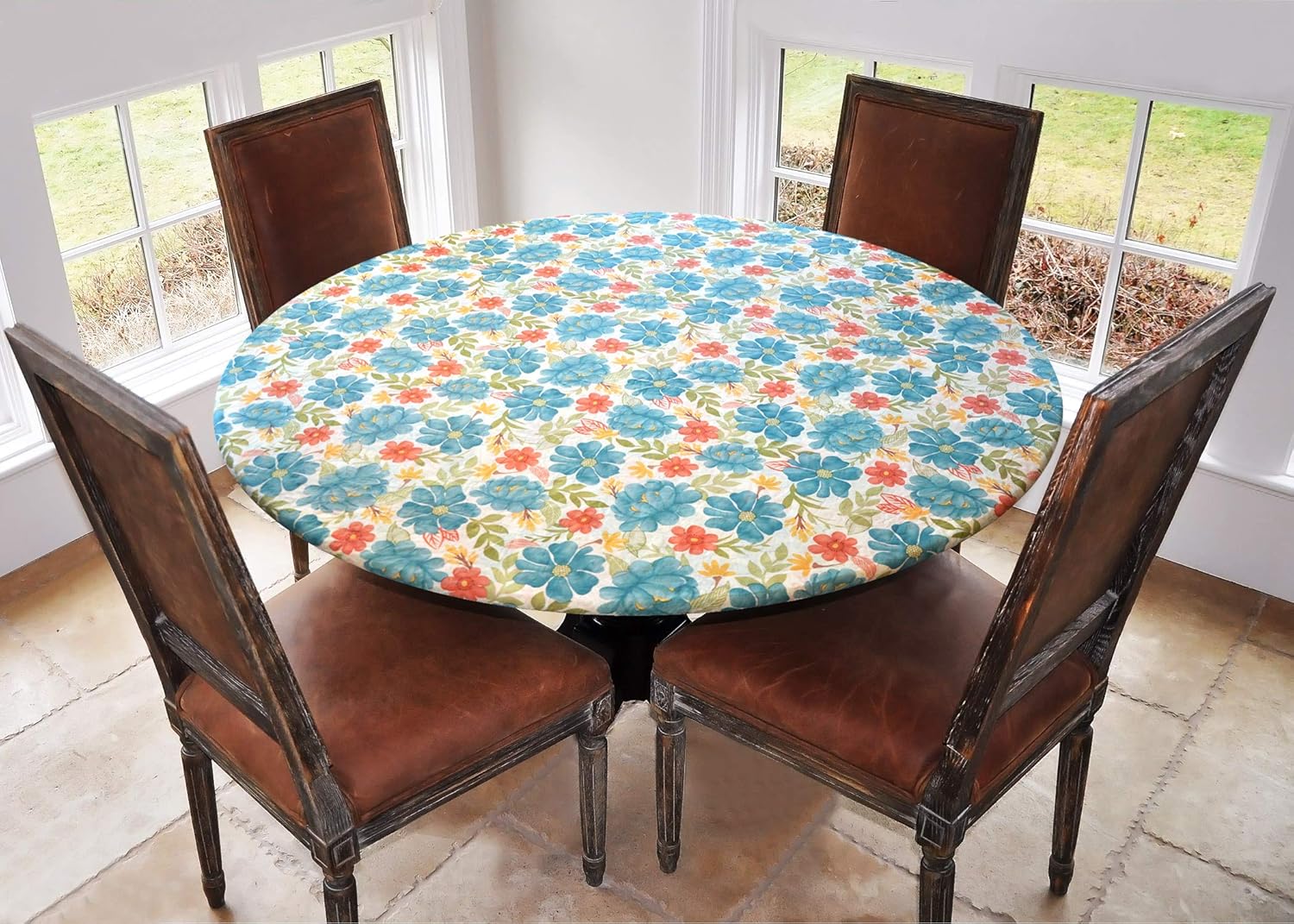 Covers For The Home Elastic Edged Flannel Backed Vinyl Fitted Table Cover - Multi-Color Geometric Pattern - Large Round - Fits Tables up to 45″ - 56” Diameter: Home & Kitchen