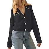 Women Button V Neck Cardigan Sweater Contrast Knit Lightweight Long Sleeve Open Front Cropped Cardigans