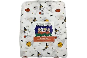 Berkshire Blanket & Home Co. Peanuts Halloween Fall Themed Sheet Sets (White - Pumpkins, Bats, Broomsticks & Witch Hats, Queen)