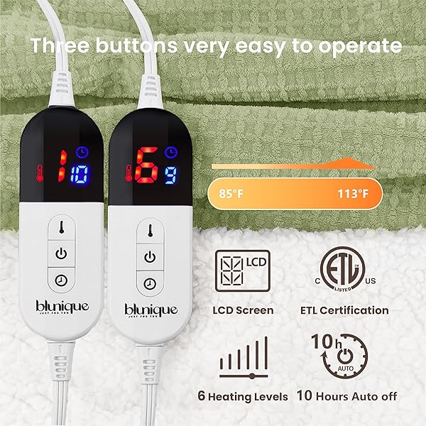 BLUNIQUE HEATED BLANKET ELECTRIC BLANKET QUEEN WAFFLE, 84X90 INCHES DUAL CONTROLLERS SHERPA FLEECE FAST HEATING BLANKET 6 HEATING LEVELS & 10 HOURS AUTO OFF ETL CERTIFICATION, SAGE QUEEN
