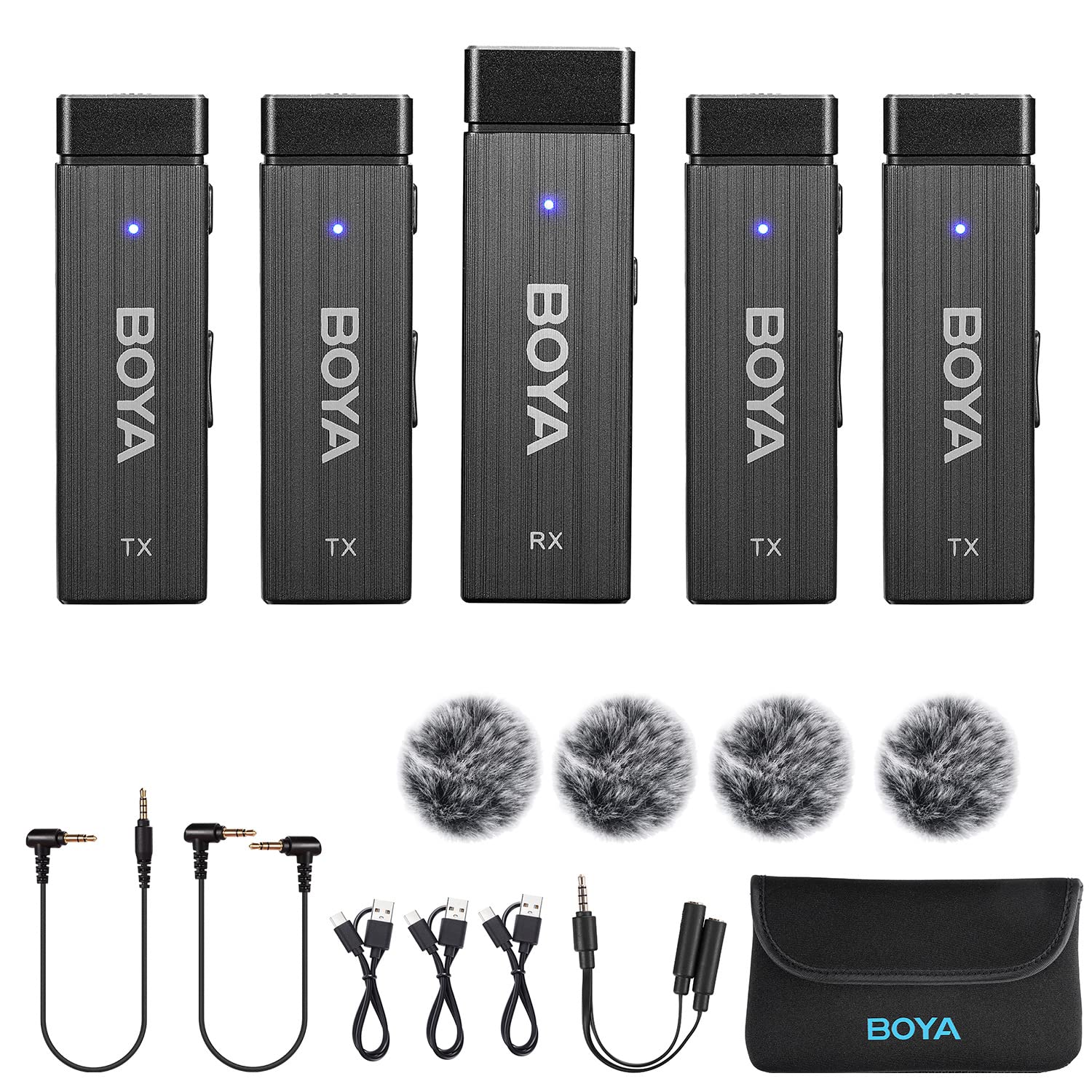 BOYA By-W4 2.4G Wireless Lavalier Microphone System with 4 Transmitters and a Receiver for Digital SLR Camera Camcorder Smartphones Interview Vlog Video Youtube