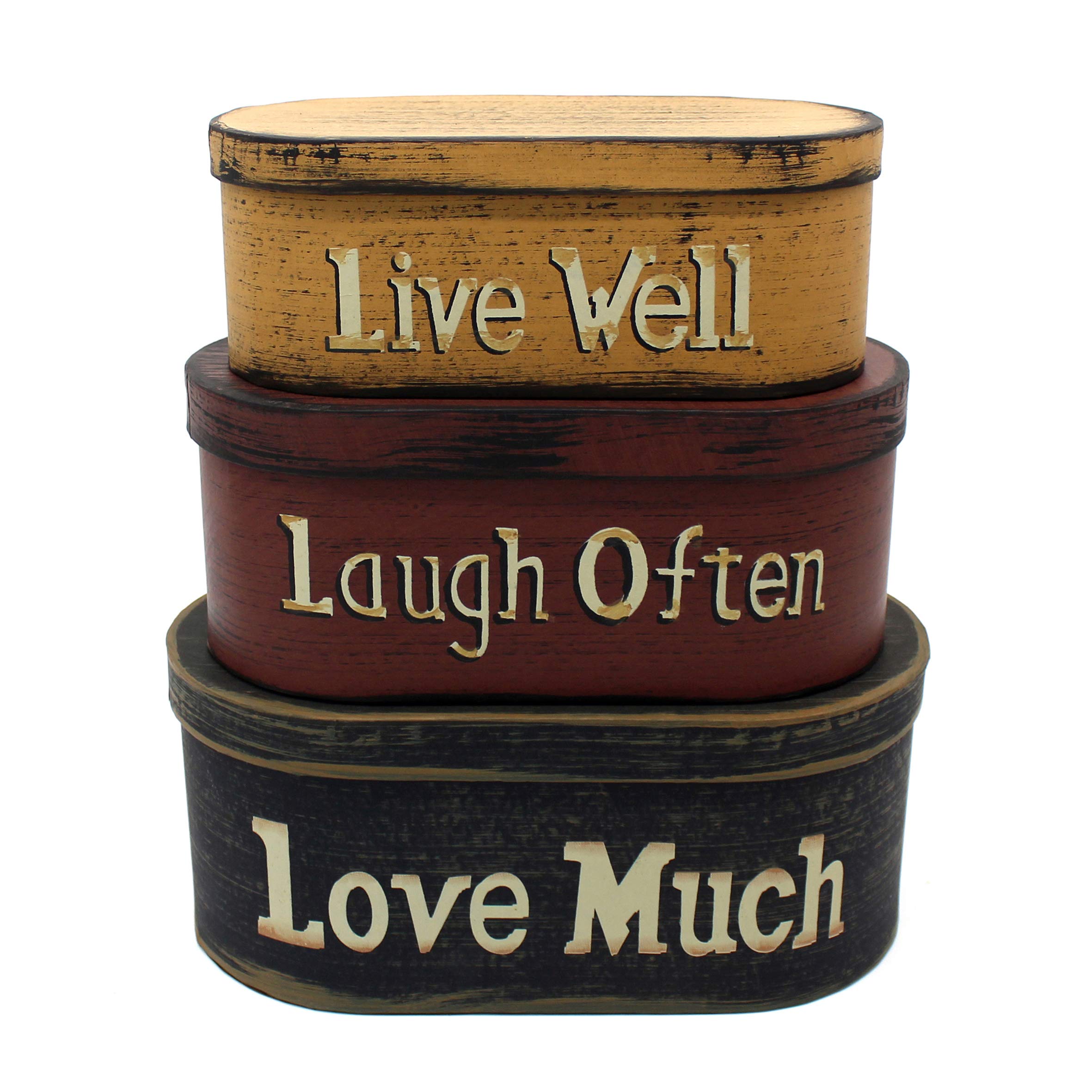 CVHOMEDECO. Primitives Vintage Oval “Live Well, Laugh Often, Love Much” Cardboard Nesting Boxes, Large 9-3/4 x 5-1/2 x 4 Inch, Set of 3.