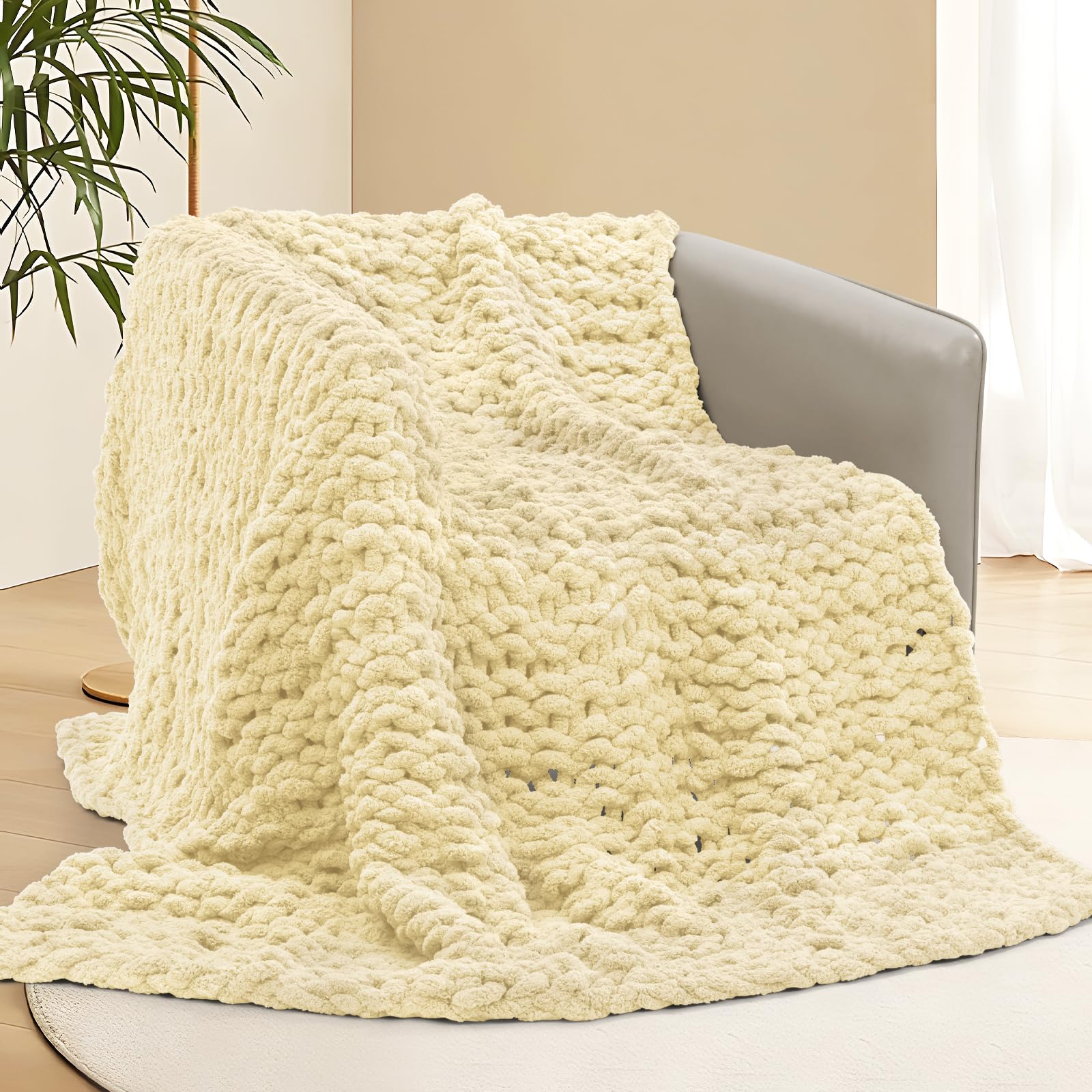 Photo 1 of xffzroom Chunky Knit Blanket Throw, 40x40inch Soft Chenille Yarn Throw, Handmade Warm Thick Cable Knit Crochet Blanket, Large Rope Knot Throw Blanket for Couch Bed Sofa,Beige