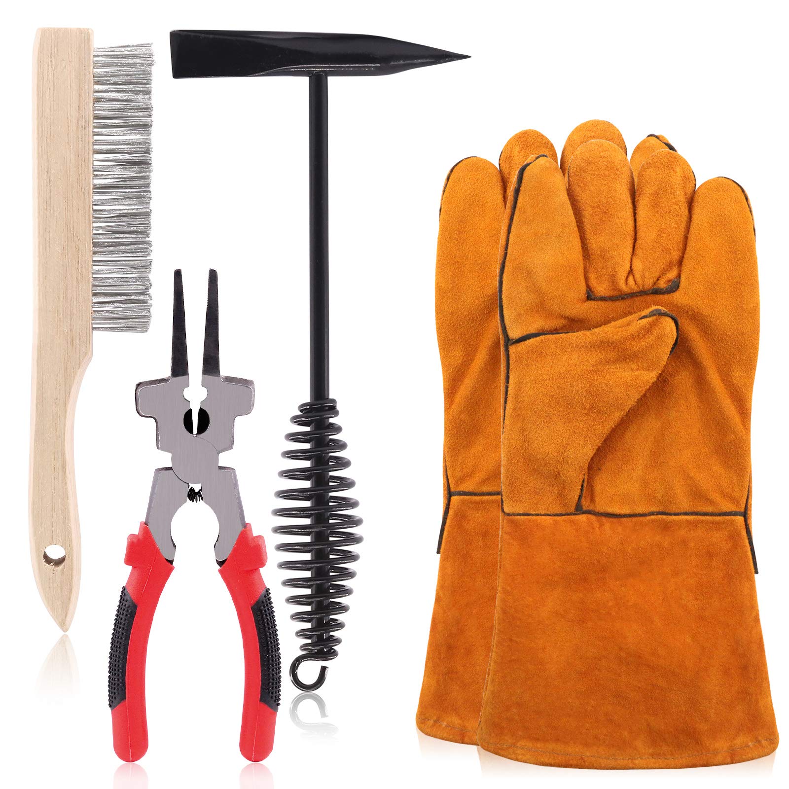 Swpeet 5Pcs 10 Inch Scratch Wire Brush, Welding Hammers Slag Removal Tool With Gloves, 8 Inch Plier and 10 Inch Chipping Hammer With Steel Coil Spring Handle
