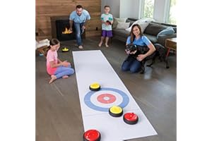 HearthSong Curling Zone – Indoor Battery Operated Hovering Curling Set – Fun Family Game for Kids and Adults – 6 Curling Stones and Floor Mat – Olympic Sport Party Game Equipment – Age 3+