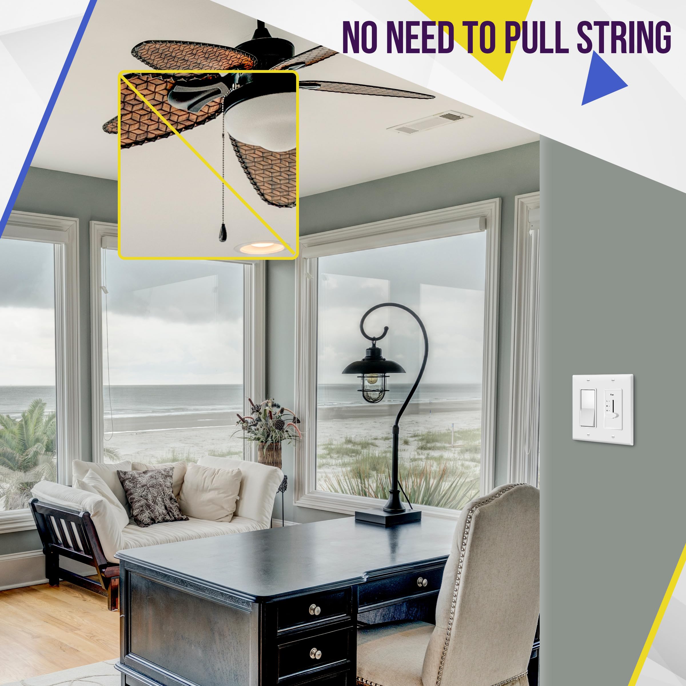 ENERLITES 3 Speed In Wall Ceiling Fan Control, Slide switch, 120VAC, 2.5A, Single-Pole, No Neutral Wire Required, 17000-F3-W-F, White