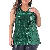 Agnes Orinda Plus Size Sequin Tank Tops for Women V Neck Sleeveless Club Glitter Shimmer Sparkle Party Vest Top