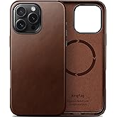 kingflag Genuine Leather Case for iPhone 16 Pro Max 6.9 inch, Compatible with MagSafe, Oil Wax Top-Grain Leather, Metal Buttons and Camera Bezel Rustic Brown