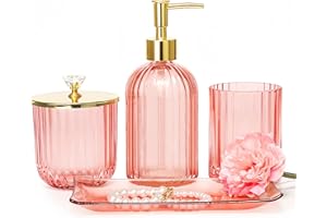 BOAILYDI Pink Bathroom Accessories Set, 4Pcs Glass Bathroom Decor Complete with Lotion Soap Dispensers, Toothbrush Holder, Cotton Swab Jars, Vanity Tray, Cute Bathroom Essentials Gift for Girls