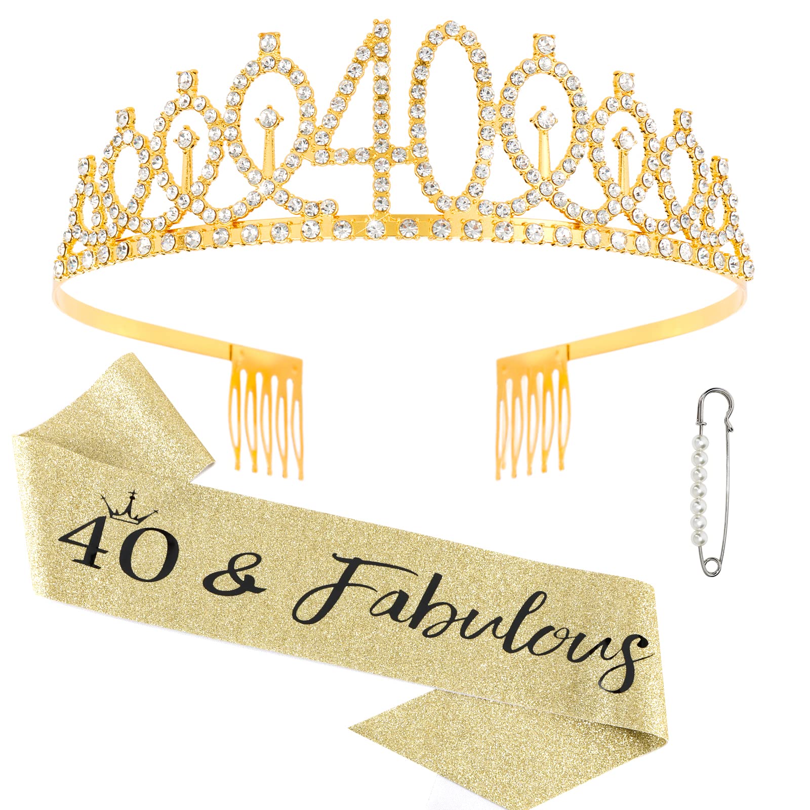 40th Birthday Sash & Rhinestone Crown Kit- Happy 40th Birthday Gifts Women 40th birthday decorations women… (gold)