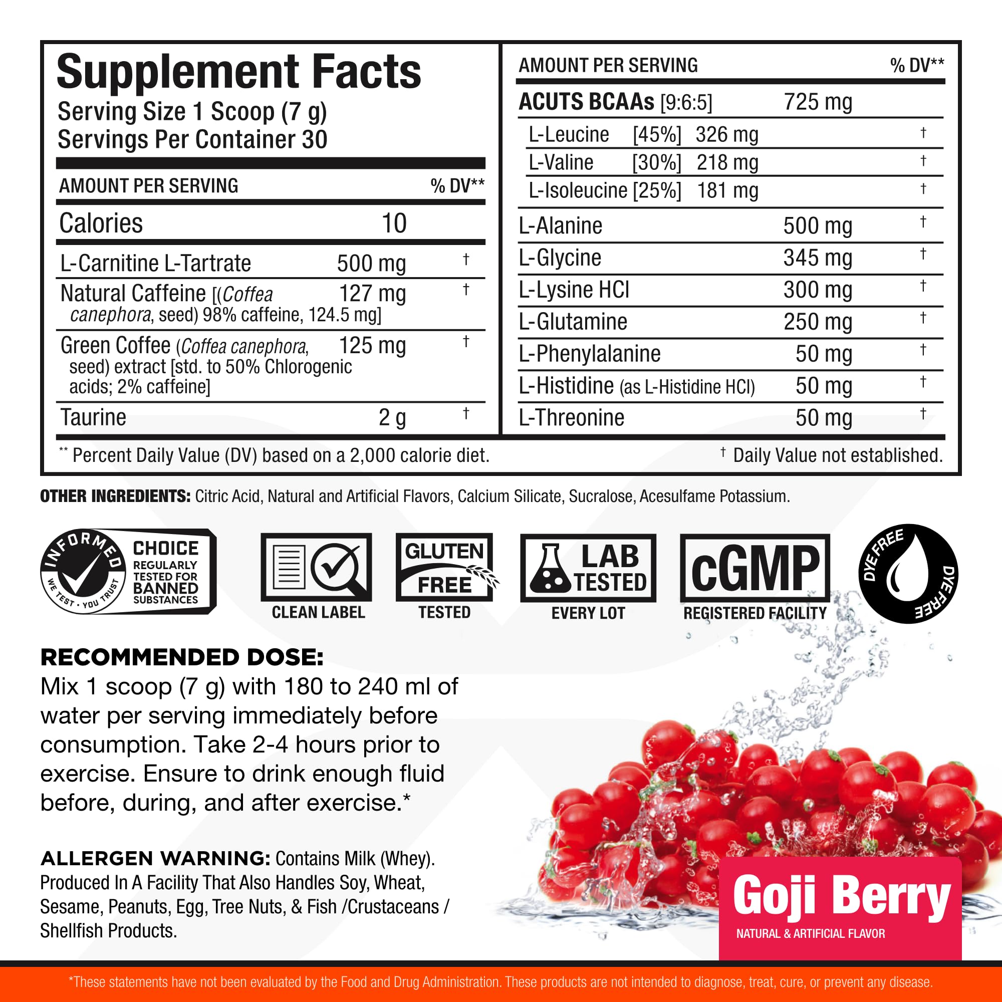 ALLMAX Nutrition AMINOCUTS (ACUTS), Amino-Charged Energy Drink with Taurine, L-Carnitine, Green Coffee Bean Extract, Goji Berry Martini, 30 Servings