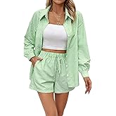 Verdusa Women's 2 Piece Outfit Button Long Sleeve Striped Shirt and Shorts Sets