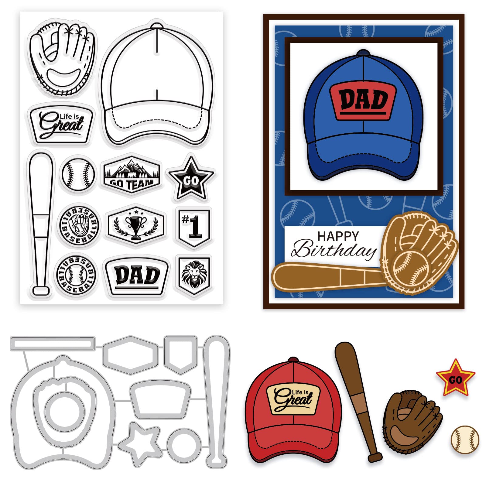 GLOBLELAND Baseball Theme Clear Stamps and Die Cuts Baseball Gloves Bat Silicone Stamps Cards and Metal Cutting Dies for Card Making and DIY Embossing Scrapbooking
