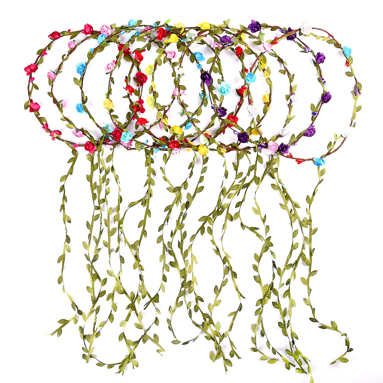 FEPITO 9Pcs Flower Crown Multicolor Floral Wreath Floral Garland Headbands for Women Girls Hair Accessories