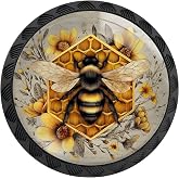 Artinhand 4 Pack Yellow Bee Pattern Cabinet Knobs for Kitchen Bathroom | Vintage Honeycomb Sunflower Drawer Pulls Round Black Dresser Handles Hardware for Desk Cupboard Wardrobe Closet Door Decor