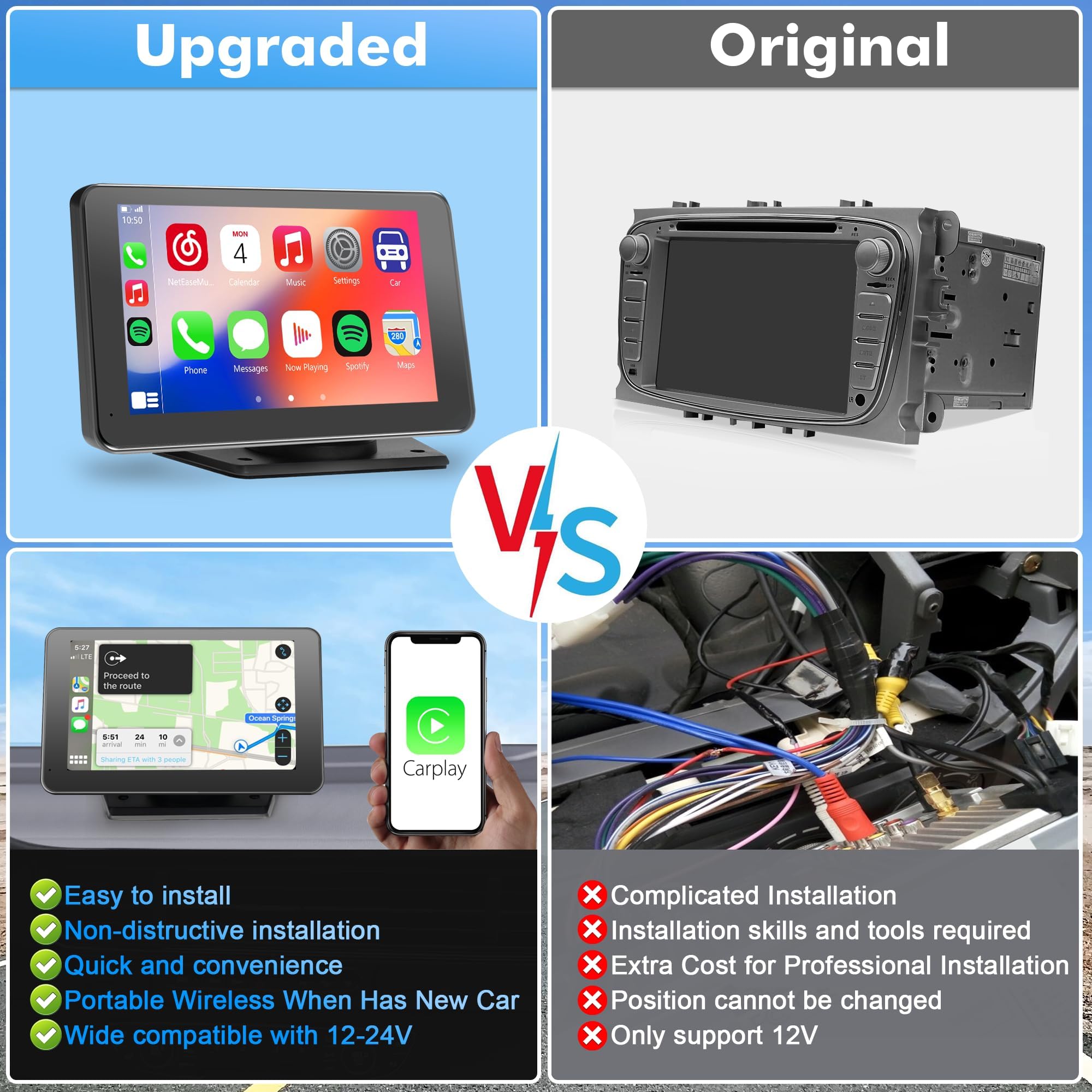 【Hieha】 2025 Wireless Portable Carplay and Android Auto, Carplay Screen for Car with Mirror Link/AUX/FM,7