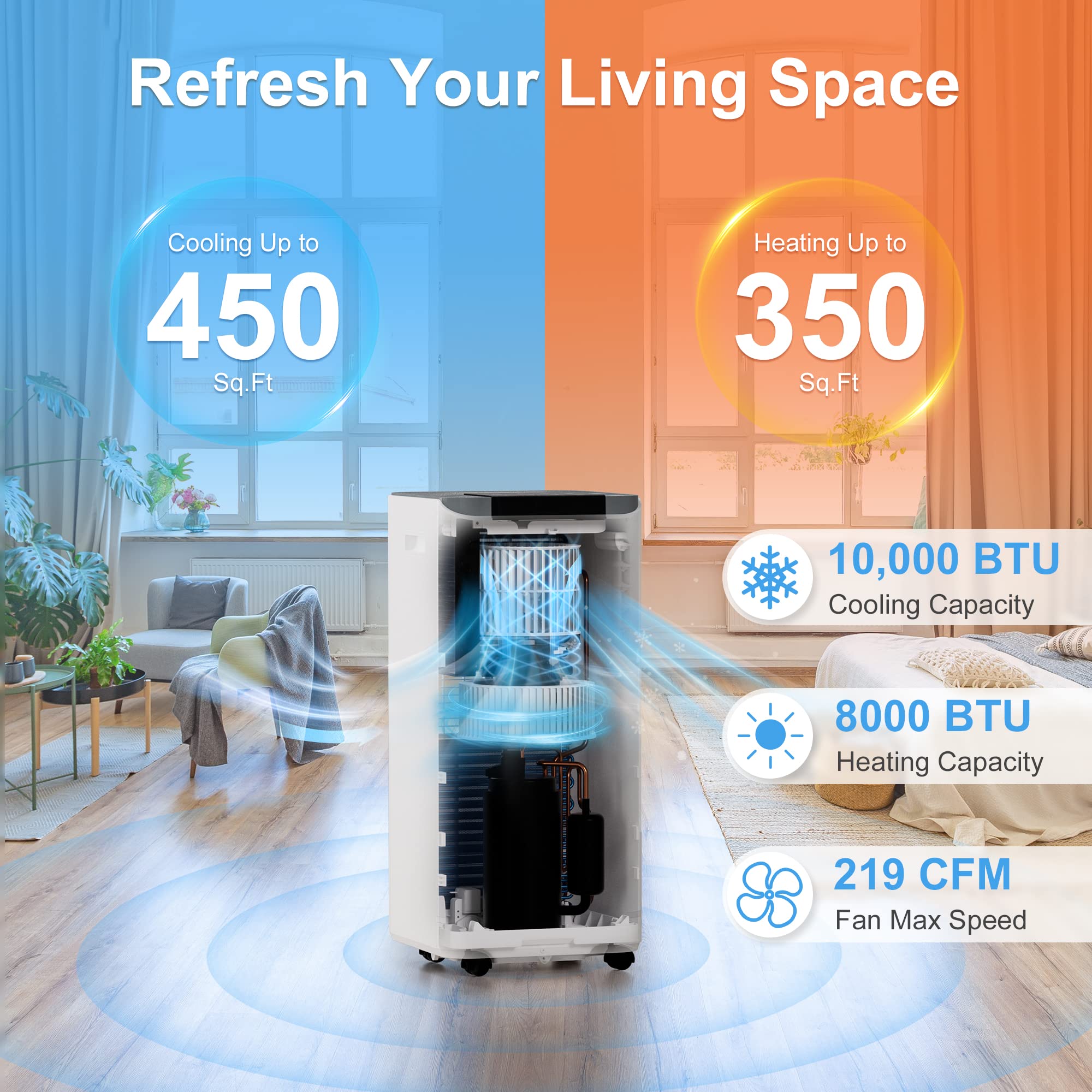 10,000 BTU Portable Air Conditioners for Room Up to 450 Sq.Ft, 4-in-1 Portable AC Unit, Heater, Dehumidifier & Fan with Remote Control, Self Evaporation System, LED Display