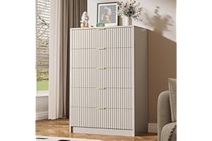 MAISONARIA 5 Drawer Dresser for Bedroom, Tall Dresser Chest of Drawers with Gold Handles, 32 Inch Wide Nightstand with for Bedroom, Living Rooms, Offices, and Entryways, Beige