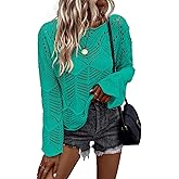 Allimy Womens Long Sleeve Hollow Out Crochet Crewneck Knitted Top Blouses Cover Up